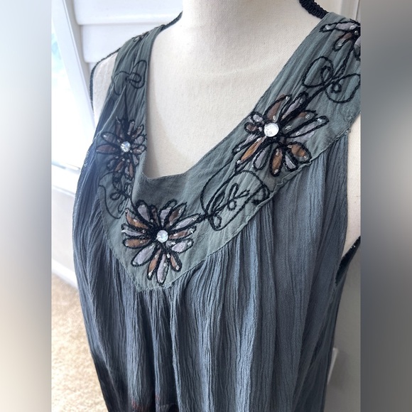 Womens Sleeveless Dress One Size Gauzy Flowy Ombré Hippie Indie Embroidered - Picture 4 of 11